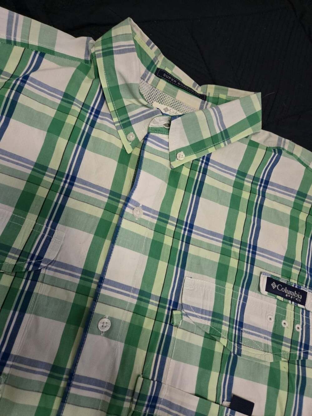 Columbia PFG green/blue Plaid Button Up, Super Bonehead Xl